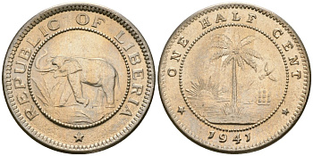 Либерия 1/2 цента 1941 KM 10a медно-никель UNC 4174-332