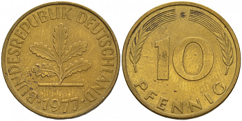 ФРГ 10 ПФЕННИГОВ 1977 G KM 108, J.383 сталь плакированная латунью 4548-824