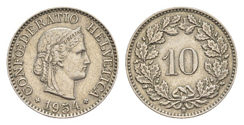 Швейцария 10 раппенов 1954 B KM 27 медно-никель 4643-343