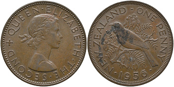 Новая Зеландия 1 пенни 1956 новозеландский туи, Елизавета II (1952-) KM 24.2 бронза 81-613