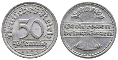 ГЕРМАНИЯ 50 ПФЕННИГОВ 1921 F KM 27, J. 301 алюминий 4380-844