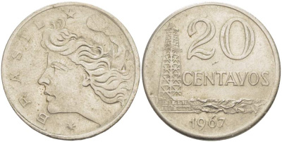 Бразилия 20 сентаво 1967 голова Свободы влево KM 579.1, Schon 84 медно-никель 4529-412