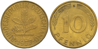 ФРГ 10 ПФЕННИГОВ 1977 G KM 108, J.383 сталь плакированная латунью 4548-824