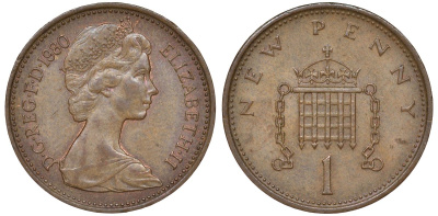 Великобритания 1 пенни 1980 Елизавета II (1952-2022) KM 915, Spink 4237 (B1) бронза 51-2412