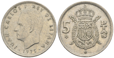Испания 5 песет 1975 (80) Хуан Карлос I (1975-2014) KM 807 медно-никель 85-741
