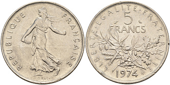 Франция 5 франков 1974 сеятель KM 926а.1 медно-никель плакированный никелем    4599-1021