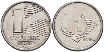 Бразилия 1 крузейро 1990 KM 617 нержавеющая сталь 201-765