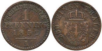 Пруссия 1 пфенниг 1859 A, Фридрих Вильгельм IV (1840-1861) KM 451 медь 4549-518