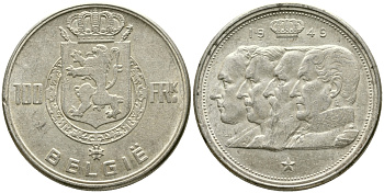 Бельгия 100 франков 1949 Belgie, королевская династия KM 139.1 серебро 1526-1323