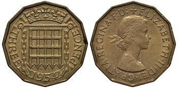 Великобритания 3 пенса 1954 Елизавета II (1952-2022) KM 900, Spink 4153 никель латунь 4538-1126