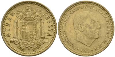 Испания 1 песета 1966 (70) Франсиско Франко (1939-1975) KM 796 алюминиевая бронза 4604-132