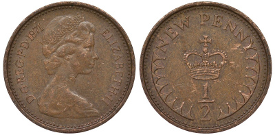 Великобритания 1/2 пенни 1971 Елизавета II (1952-2022) KM 914, Spink 4239 бронза 4124-558