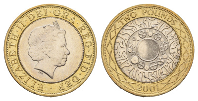 Великобритания 2 фунта 2001 Елизавета II (1952-2022) KM 994, Spink 4570 (K9) биметалл aUNC 4110-1335