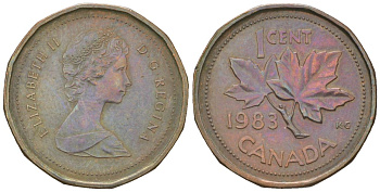 Канада 1 цент 1983 Елизавета II (1952-2022), кленовый лист KM 132 бронза 4617-916