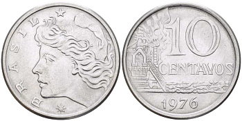 Бразилия 10 сентаво 1976 KM 578.1a, Schon 83b нержавеющая сталь 4514-825