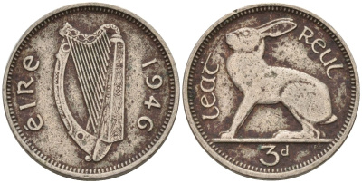 Ирландия 3 пенса 1946 заяц KM 12a медно-никель 4596-1059