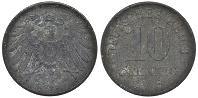 Германия 10 пфеннигов 1918 KM 26, J. 299, Weege 8 цинк 4119-335