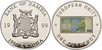 Замбия 1000 квача 1999 серия европейский союз - одна валюта, 100 евро реверс, серебрение KM 129 медь никель цинк 1098-3-52