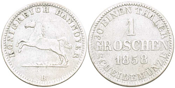 Брауншвейг-Каленберг-Ганновер 1 грош 1858 В, Георг V (1851-1866) KM 236, Jaeger 93, AKS 149 серебро 206-329