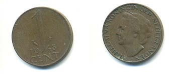 Нидерланды 1 цент 1948 Вильгельмина (1890-1948), год тип KM 175 бронза 83-912