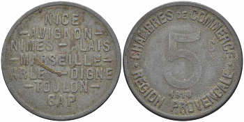 ФРАНЦИЯ 5 САНТИМОВ 1918 ПРОВИНЦИАЛЬНАЯ КОМЕРЧЕСКАЯ ПАЛАТА, ТОКЕН, НИЦА-АВИНЬОН-НИМ-АЛЕ-МАРСЕЛЬ-АРЛЬ-ДИНЬ-ТУЛОН-ГЭП цинк 108-111
