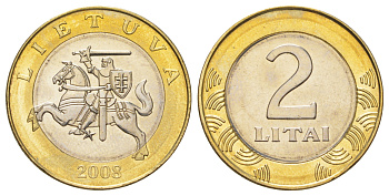 Литва 2 лита 2008 KM 112 биметалл UNC 4624-725