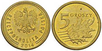 Польша 5 грошей 2014 MW Y 925 сталь плакированная латунью UNC 4617-1168