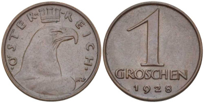 АВСТРИЯ 1 ГРОШ 1928 ДОВОЕННАЯ ДЕСЯТИЧНАЯ ЧЕКАНКА KM 2836 бронза 201-156