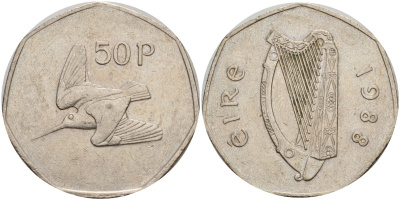 Ирландия 50 пенсов 1988 Вальдшнеп KM 24 медно-никель 4140-411