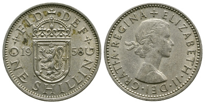 Великобритания 1 шиллинг 1958 Елизавета II (1952-2022), Шотландский герб KM 905, Spink 4148 медно-никель 4384-632