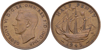 Великобритания 1/2 пенни 1945 Георг VI (1936-1952) KM 844, Spink 4115 бронза 4153-831