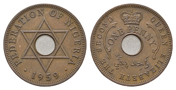 Нигерия 1 пенни 1959 год-тип KM 2 бронза 26-344