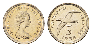 Фолклендские острова (Фолкленды) 5 пенсов 1998 Елизавета II (1952-2022), чернобровый альбатрос KM 4.2 медно-никель  UNC  3458-1211