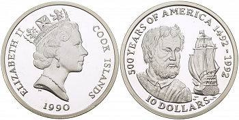 Острова Кука 10 долларов 1990 500 лет открытия Америки, Америго Веспуччи KM 90 серебро PROOF 02-227-21