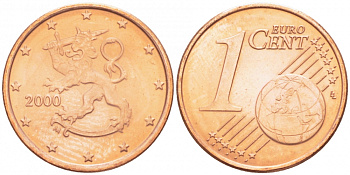 ФИНЛЯНДИЯ 1 ЕВРОЦЕНТ 2000 KM 98 сталь плакированная медью UNC 3457-1146
