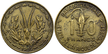 Западно-Африканские штаты 10 франков 1959 антилопа KM 1 алюминиевая бронза 00-00