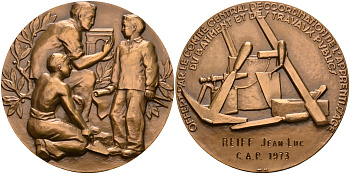 Франция медаль 1973 Центральный Комитет координации обучения и общественных работ, награждает за успехи JEAN-LUC RIEFF, диаметр 54 мм. томпак 1072-2-43