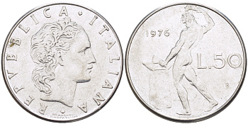 ИТАЛИЯ 50 ЛИР 1976 R, КУЗНЕЦ KM 95.1 нержавеющая сталь 89-355