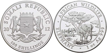 Сомали 100 шиллингов 2012 серия охрана окружающей среды, африканские слоны, 1 унция KM NEW серебро PROOF 1076-7-61