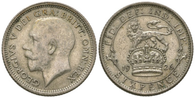 Великобритания 6 пенсов 1926 Георг V (1910-1936), есть зазор над буквой I KM 815a.1, Spink 4024 серебро 4615-1026