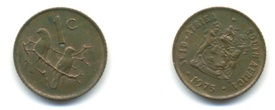 ЮАР 1 ЦЕНТ 1975 ГЕРБ, КАПСКИЕ ВОРОБЬИ KM 82 бронза 86-1227