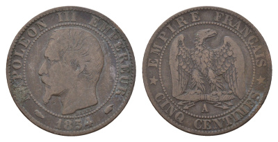 Франция 5 сантимов 1854 A, Наполеон III (1852-1870) KM 777.1 бронза 36-344