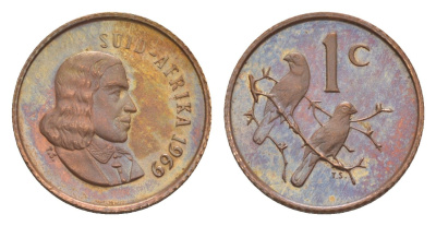 ЮАР 1 цент 1969 Ян ван Рибек (1619-1677), Suid Africa, легенда на африкаанс, капские воробьи, тираж 12.000 экземпляров KM 65.2 бронза PROOF 603-1232