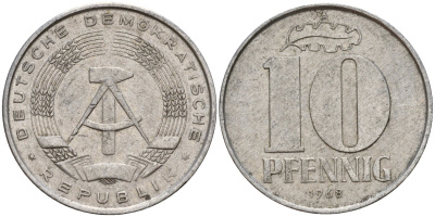 ГДР 10 пфеннигов 1968 A KM 10 алюминий 33-736