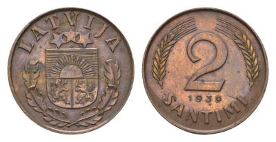 Латвия 2 сантима 1939 KM 11.2 бронза 4679-259