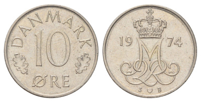 Дания 10 эре 1974 Маргрете II (1972-2024) KM 860 медно-никель 4679-1265