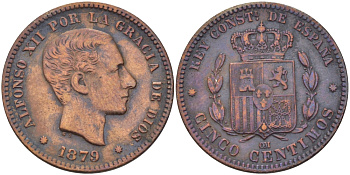 ИСПАНИЯ 5 СЕНТИМО 1879 ОМ, АЛЬФОНСО XII (1874-1885) KM 674 бронза 31-1053
