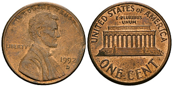 США 1 цент 1992 D, Линкольн KM 201b цинк плакированный медью 4136-342