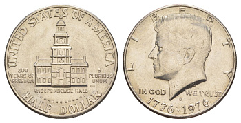 США 1/2 доллара (50 центов) 1976 D, 200 лет независимости, Джон Кеннеди KM 205 медь плакированная медно-никелем aUNC 4545-615
