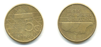 Нидерланды 5 гульденов 1989 Беатрикс (1980-2013) KM 210 никель плакированный бронзой 84-1026